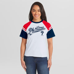 Philadelphia Phillies WEAR by Erin Andrews Women's Striped Raglan T-Shirt - White - MLB Sale