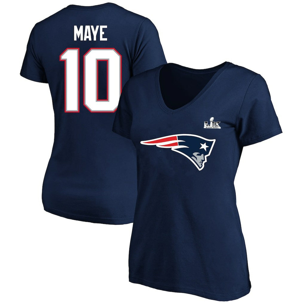 Fanatics Drake Maye New England Patriots Women's Super Bowl LX Patch Plus Size Name & Number V-Neck T-Shirt Navy