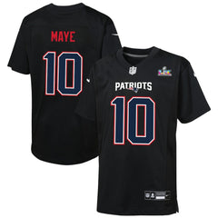 Nike Drake Maye New England Patriots Youth Super Bowl LX Patch Carbon Fashion Game Jersey Black