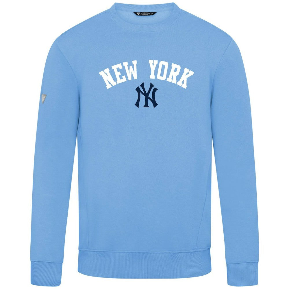 New York Yankees Levelwear Zane Felt Arch Pullover Sweatshirt - Light Blue - MLB Discount
