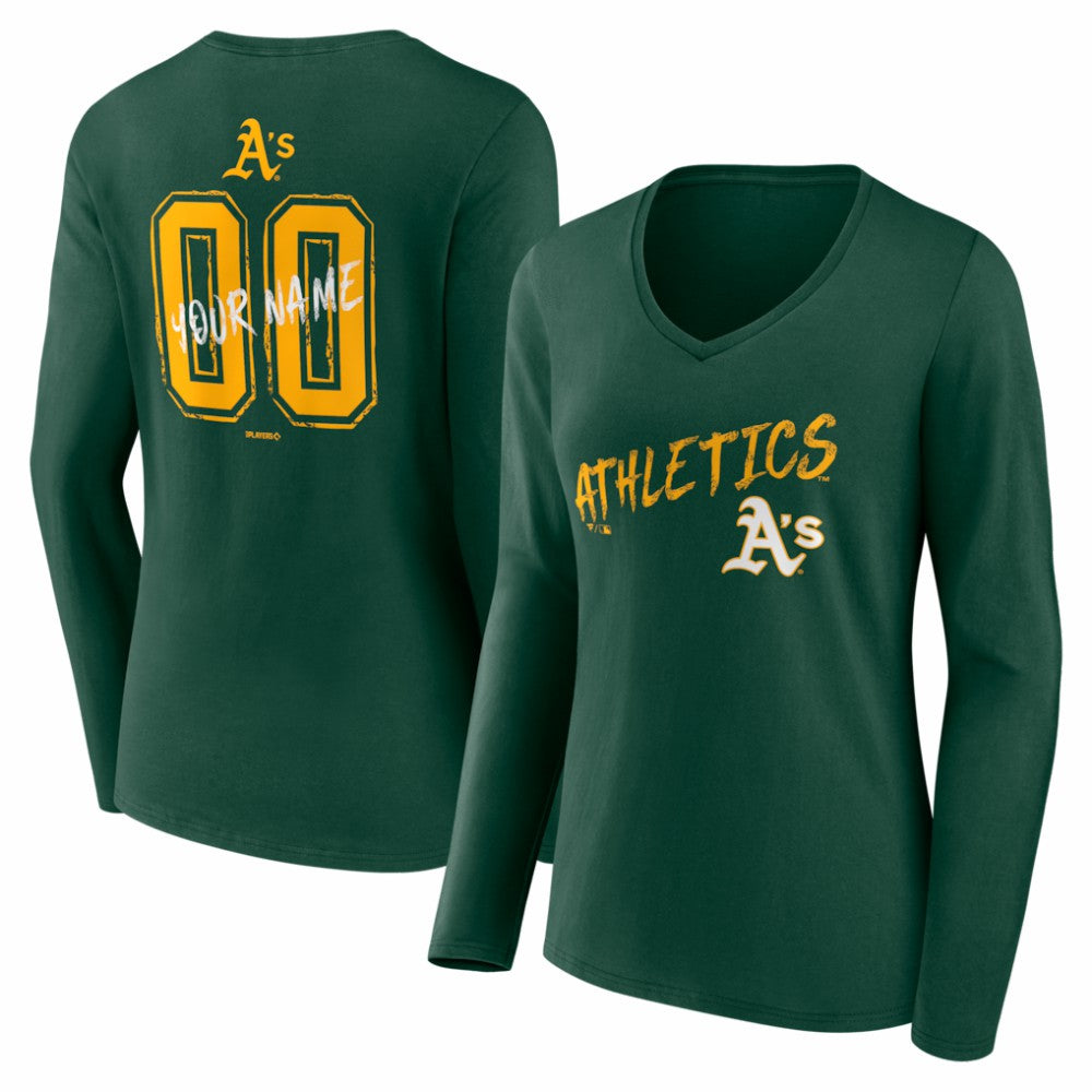 Athletics Women's Hustle Personalized Name & Number Long Sleeve V-Neck T-Shirt - Green - MLB Discount