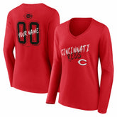Cincinnati Reds Women's Hustle Personalized Name & Number Long Sleeve V-Neck T-Shirt - Red - MLB Lifestyle