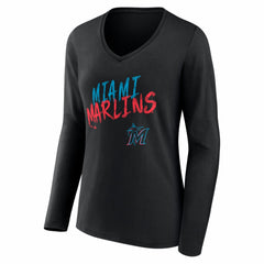 Miami Marlins Women's Hustle Personalized Name & Number Long Sleeve V-Neck T-Shirt - Black - MLB Lifestyle