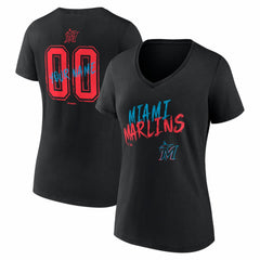 Miami Marlins Women's Hustle Personalized Name & Number V-Neck T-Shirt - Black - MLB Lifestyle