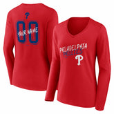 Philadelphia Phillies Women's Hustle Personalized Name & Number Long Sleeve V-Neck T-Shirt - Red - MLB Lifestyle