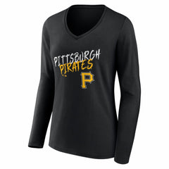 Pittsburgh Pirates Women's Hustle Personalized Name & Number Long Sleeve V-Neck T-Shirt - Black - MLB Discount
