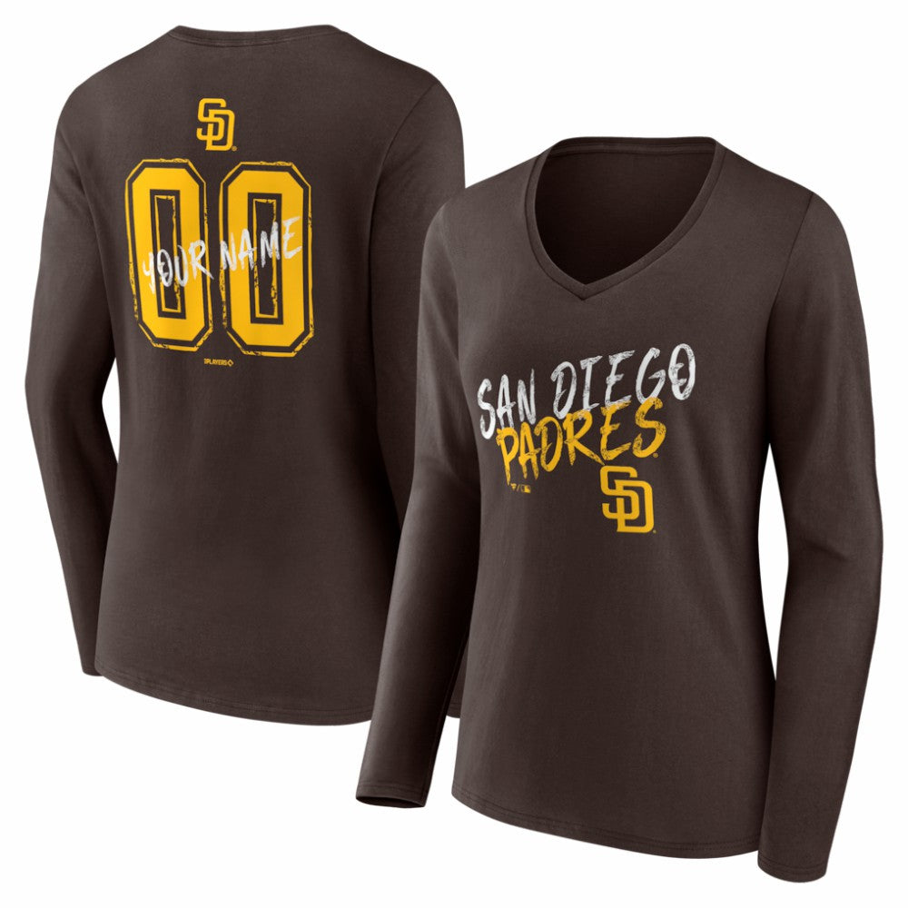 San Diego Padres Women's Hustle Personalized Name & Number Long Sleeve V-Neck T-Shirt - Brown - MLB on Sale