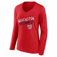 Washington Nationals Women's Hustle Personalized Name & Number Long Sleeve V-Neck T-Shirt - Red - MLB Lifestyle
