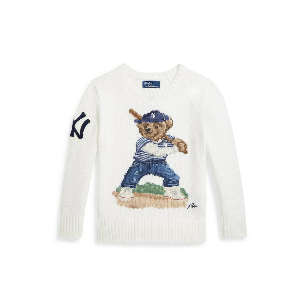 Yankees Polo Ralph Lauren Preschool Bear Sweater - White - MLB Sale