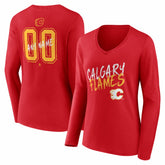 Calgary Flames Women's Hustle Personalized Name & Number Long Sleeve V-Neck T-Shirt - Red - NHL 203920993