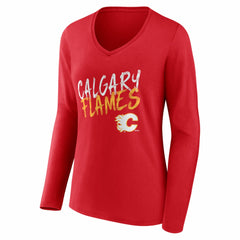 Calgary Flames Women's Hustle Personalized Name & Number Long Sleeve V-Neck T-Shirt - Red - NHL 203920993