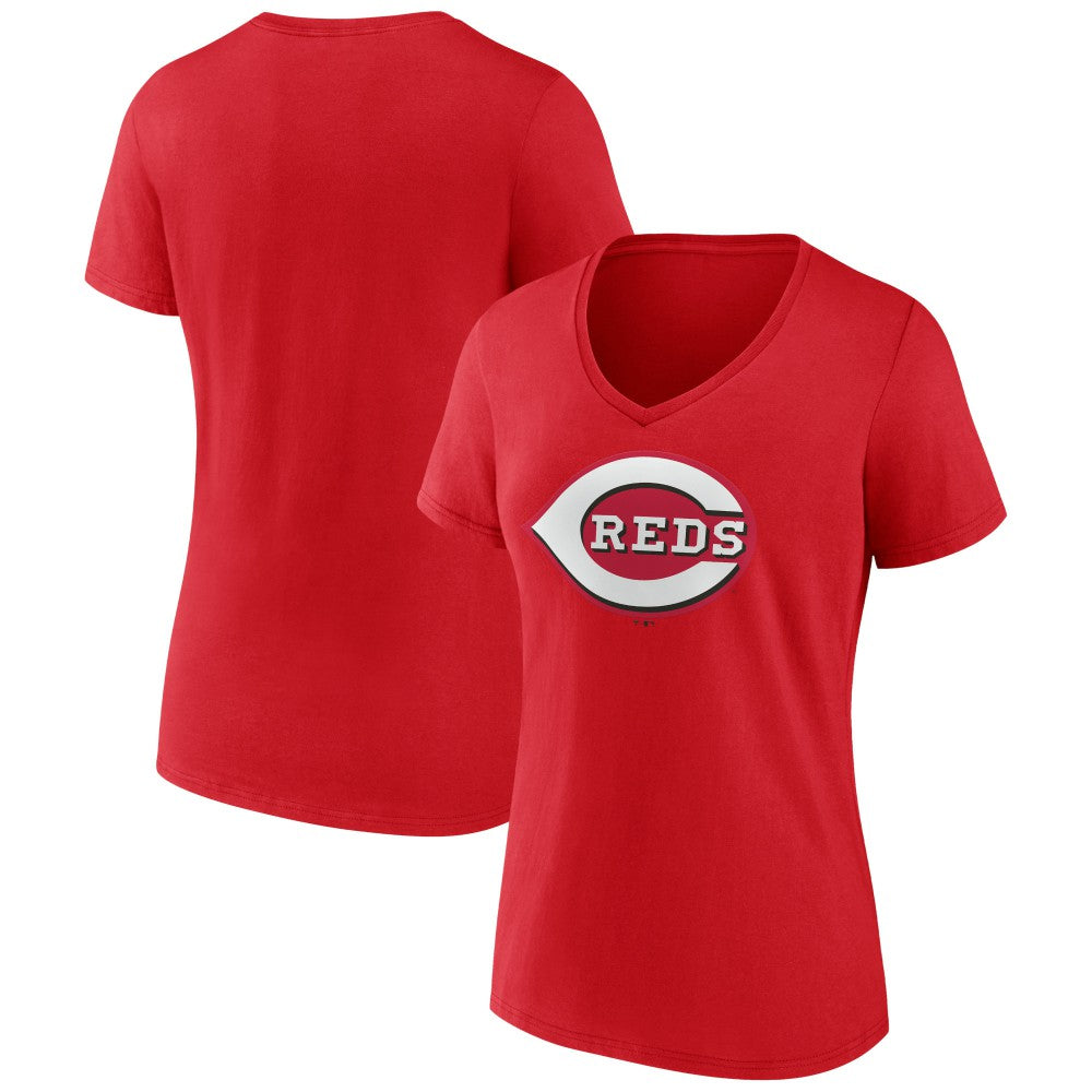 Cincinnati Reds Women's Team Color Primary Logo V-Neck T-Shirt - Red - MLB Lifestyle