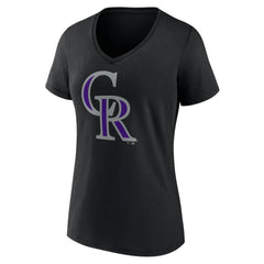 Colorado Rockies Women's Team Color Primary Logo V-Neck T-Shirt - Black - MLB Discount