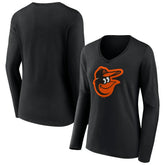 Baltimore Orioles Women's Team Color Primary Logo V-Neck Long Sleeve T-Shirt - Black - MLB Online