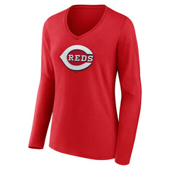 Cincinnati Reds Women's Team Color Primary Logo V-Neck Long Sleeve T-Shirt - Red - MLB Discount