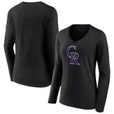 Colorado Rockies Women's Team Color Primary Logo V-Neck Long Sleeve T-Shirt - Black - MLB Sale
