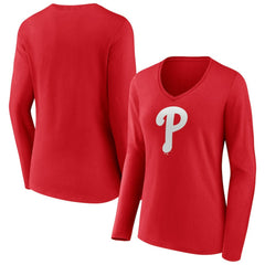 Philadelphia Phillies Women's Team Color Primary Logo V-Neck Long Sleeve T-Shirt - Red - MLB Sale