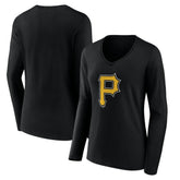 Pittsburgh Pirates Women's Team Color Primary Logo V-Neck Long Sleeve T-Shirt - Black - MLB Online