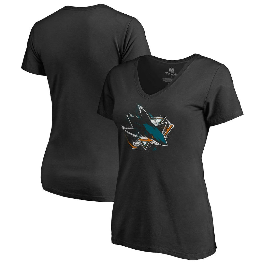 San Jose Sharks Women's Splatter Logo V-Neck T-Shirt - Black - NHL 2902321