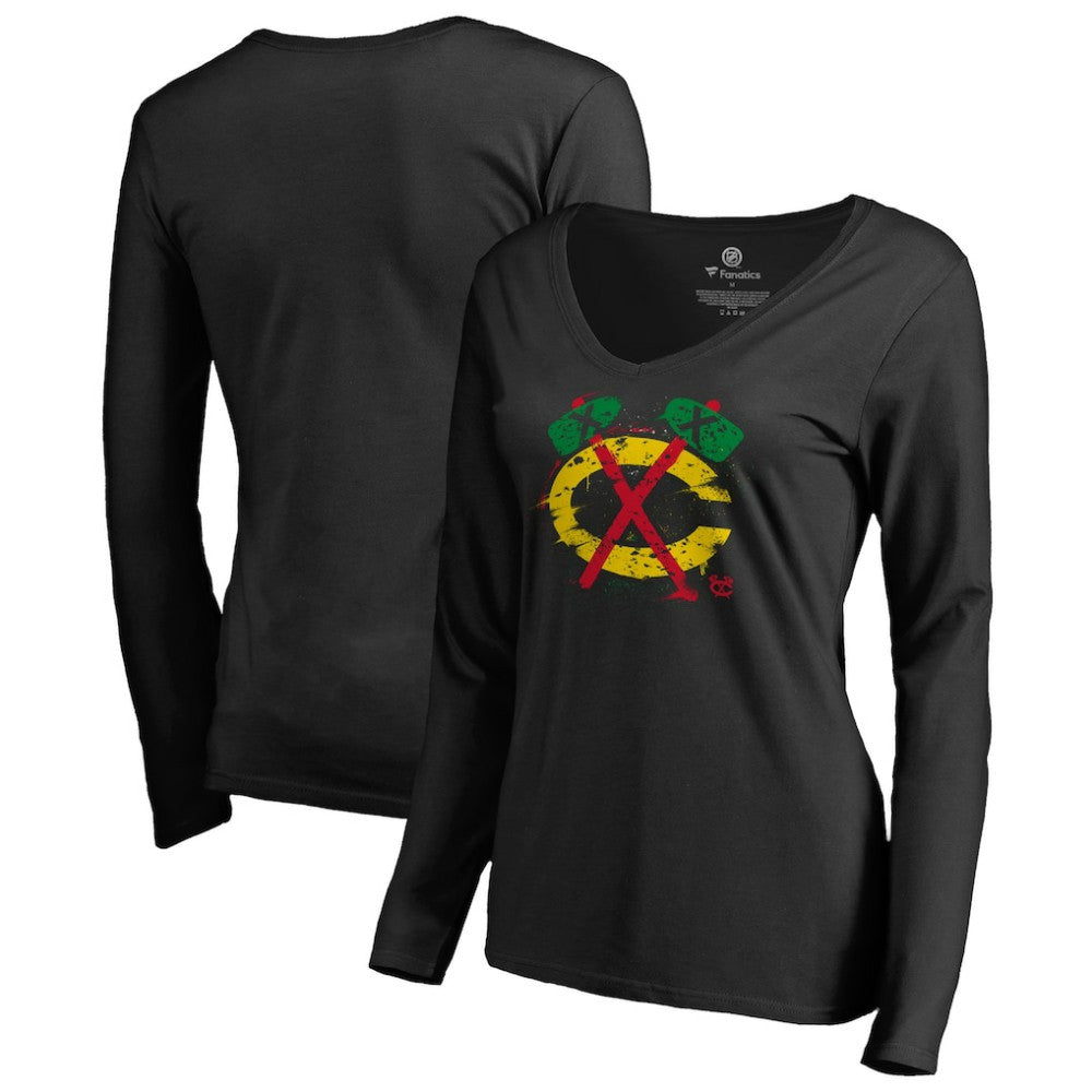 Chicago Blackhawks Women's Splatter Logo V-Neck Long Sleeve T-Shirt - Black - NHL 2902335