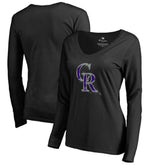 Colorado Rockies Women's Splatter Logo Long Sleeve V-Neck T-Shirt - Black - MLB Discount
