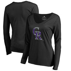 Colorado Rockies Women's Splatter Logo Long Sleeve V-Neck T-Shirt - Black - MLB Discount