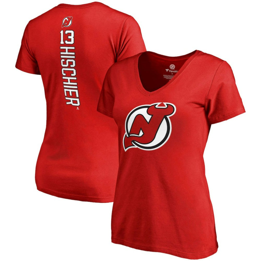 Nico Hischier New Jersey Devils Fanatics Women's Plus Size Backer Name & Number V-Neck T-Shirt - Red - NHL 2944676