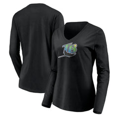 Tampa Bay Rays Women's Cooperstown Collection Wahconah Long Sleeve V-Neck T-Shirt - Black - MLB Sale