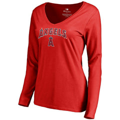 Los Angeles Angels Women's Team Lockup Slim Fit Long Sleeve V-Neck T-Shirt - Red - MLB Sale