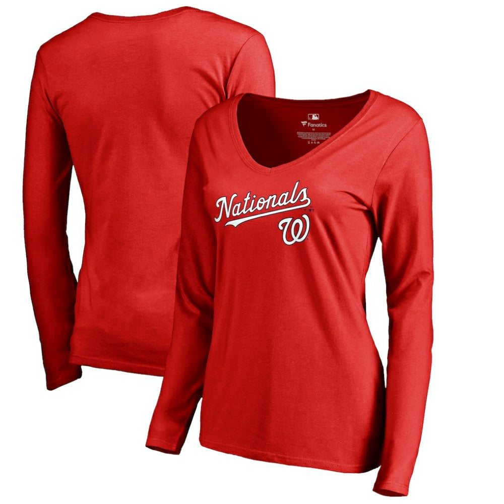 Washington Nationals Women's Team Lockup Slim Fit Long Sleeve V-Neck T-Shirt - Red - MLB Sale