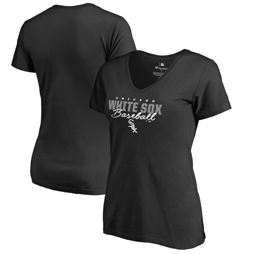 Chicago White Sox Women's Script Assist V-Neck T-Shirt - Black - MLB Lifestyle