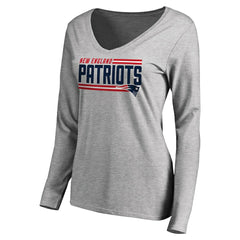 New England Patriots Women's Iconic Collection On Side Stripe Long Sleeve V-Neck T-Shirt Ash