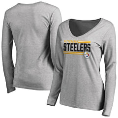 Pittsburgh Steelers Women's Iconic Collection On Side Stripe Long Sleeve V-Neck T-Shirt Ash