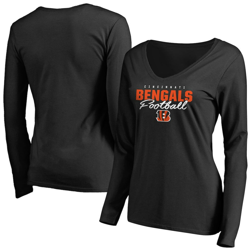 Cincinnati Bengals Women's Iconic Collection Script Assist Long Sleeve V-Neck T-Shirt Black