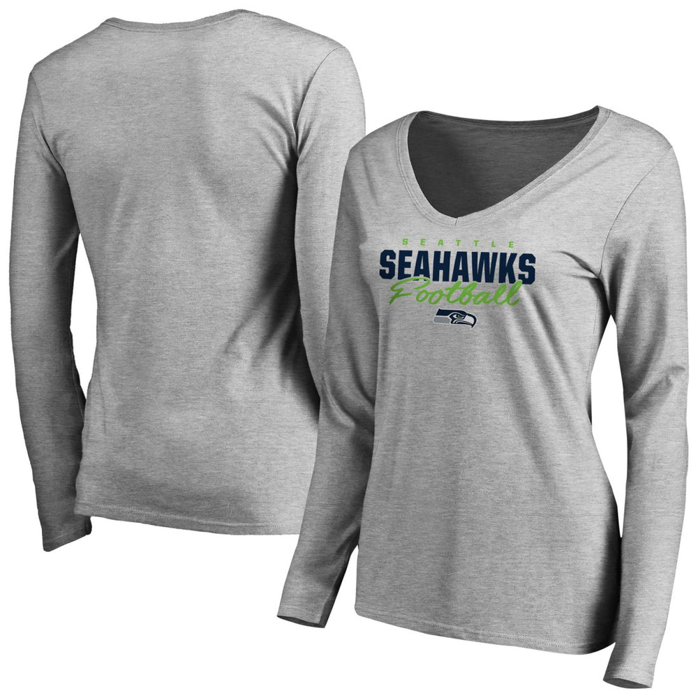 Seattle Seahawks Women's Iconic Collection Script Assist Long Sleeve V-Neck T-Shirt Ash