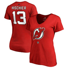 Nico Hischier New Jersey Devils Women's Authentic Stack Name & Number V-Neck T-Shirt - Red - NHL 3214673