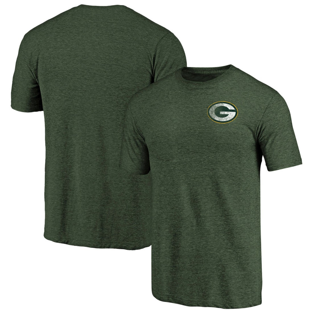 Green Bay Packers Primary Logo Left Chest Distressed Tri-Blend T-Shirt Heathered Green