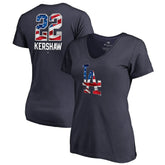 Clayton Kershaw Los Angeles Dodgers Women's Banner Wave Name & Number V-Neck T-Shirt - Navy - MLB Discount