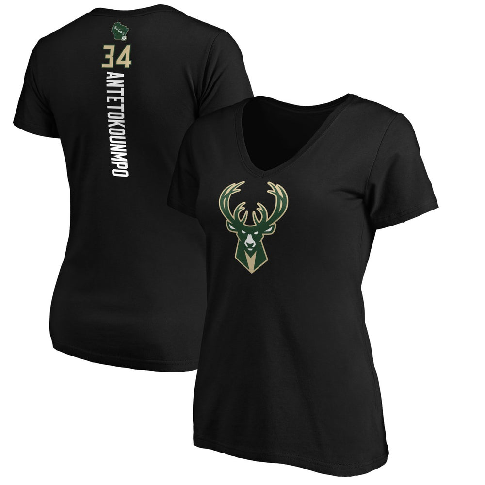 Giannis Antetokounmpo Milwaukee Bucks Women's Playmaker Name & Number V-Neck T-Shirt Black