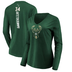 Giannis Antetokounmpo Milwaukee Bucks Women's Playmaker Name & Number Long Sleeve V-Neck T-Shirt Green