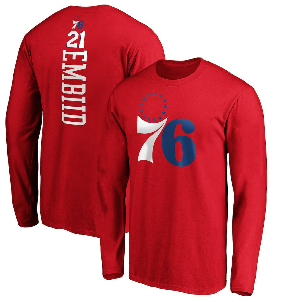 Joel Embiid Philadelphia 76ers Playmaker Name & Number Long Sleeve T-Shirt Red
