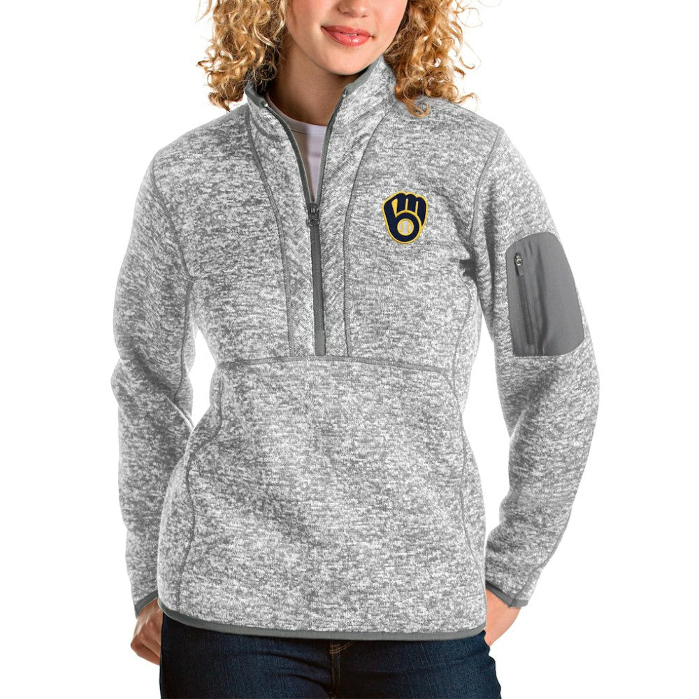 Milwaukee Brewers Antigua Women's Fortune Half-Zip Pullover Jacket - Heather Gray - MLB Lifestyle