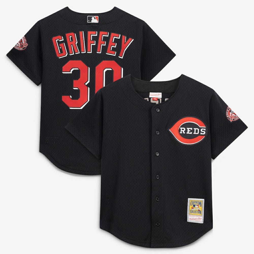 Ken Griffey Jr. Cincinnati Reds Mitchell & Ness Cooperstown Collection Mesh Batting Practice Button-Up Jersey - Black - Mitchell & Ness Online
