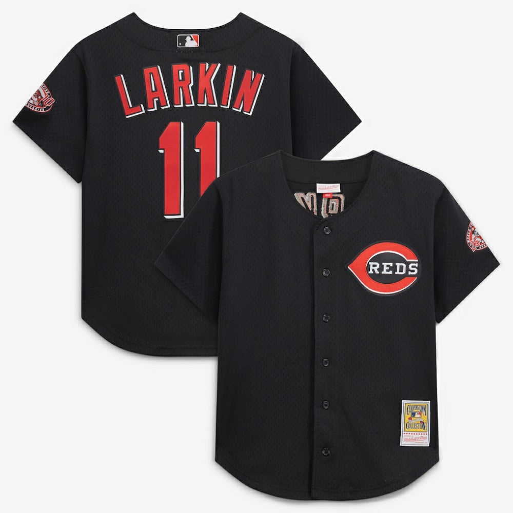 Barry Larkin Cincinnati Reds Mitchell & Ness Cooperstown Collection Mesh Batting Practice Button-Up Jersey - Black - Mitchell & Ness Sale