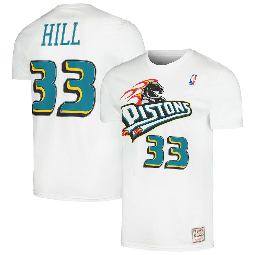Grant Hill Detroit Pistons Hardwood Classics Stitch Name & Number T-Shirt for sale White | Mitchell & Ness Near Me