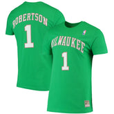 Oscar Robertson Milwaukee Bucks Hardwood Classics Stitch Name & Number T-Shirt Green | Mitchell & Ness