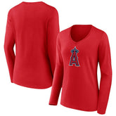 Los Angeles Angels Women's Official Logo Long Sleeve V-Neck T-Shirt - Red - MLB on Sale