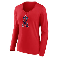 Los Angeles Angels Women's Official Logo Long Sleeve V-Neck T-Shirt - Red - MLB on Sale