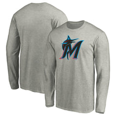 Miami Marlins Official Team Logo Long Sleeve T-Shirt - Heather Gray - MLB Discount