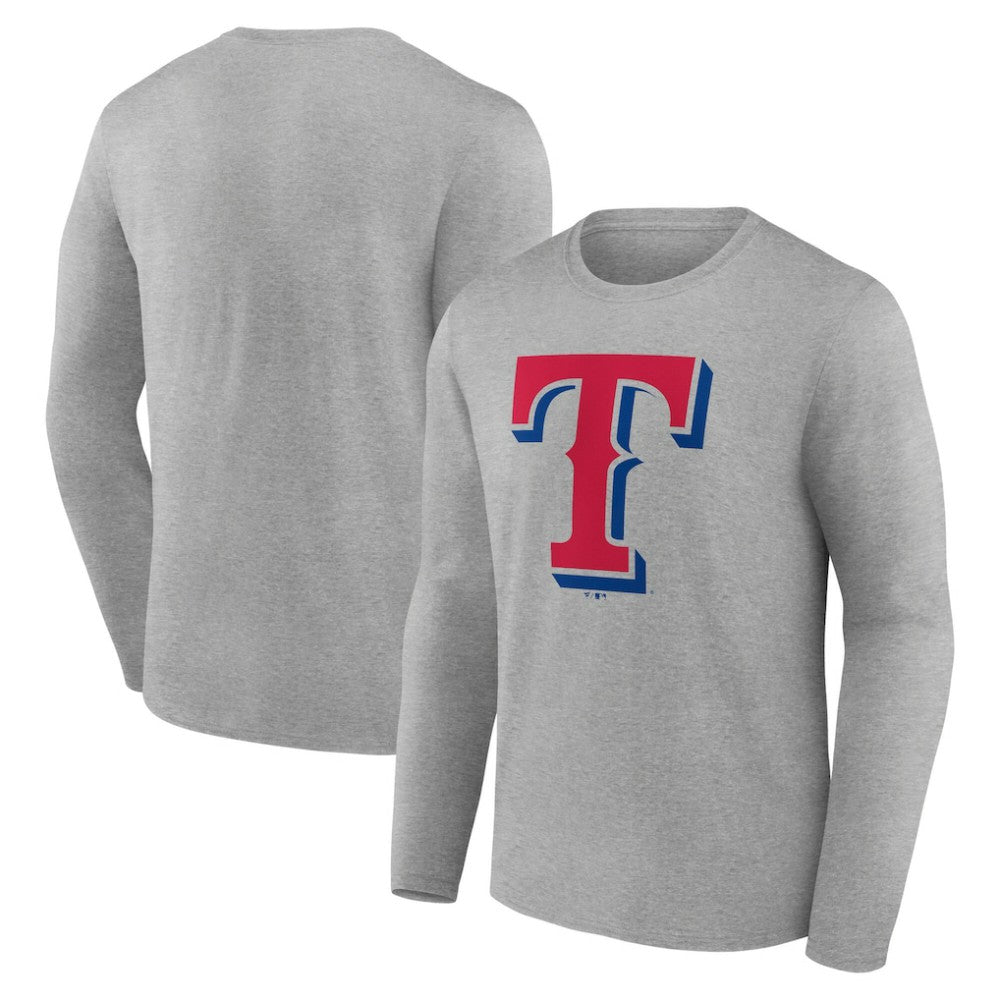 Texas Rangers Official Team Logo Long Sleeve T-Shirt - Heather Gray - MLB Lifestyle